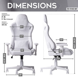 The dimensions of the white gaming chair are shown. The general dimensions as follows: Width is 28 inches, the seat depth is 27 inches and the height can be changed between 50.5 inches and 54.25 inches. It has a weight capacity of 300 lbs. This chair is both on of the best gaming chair options but also perfect as a cute office chair. 