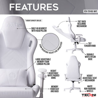 Features of the velvet white gaming chair. The features page shows the white gaming chair up close and shows the stain resistant velvet like material. Like other Techni Sport gaming chairs, it features a steel structure, is height adjustable and reclines 150. The memory foam seat is very comfortable making this a gaming chair or office chair for long hours of sitting. The weight capacity is 300 lbs.  