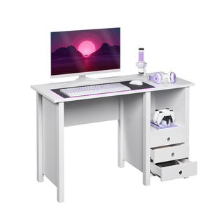 Jaden White Gaming Desk with shelves shown with accessories. 