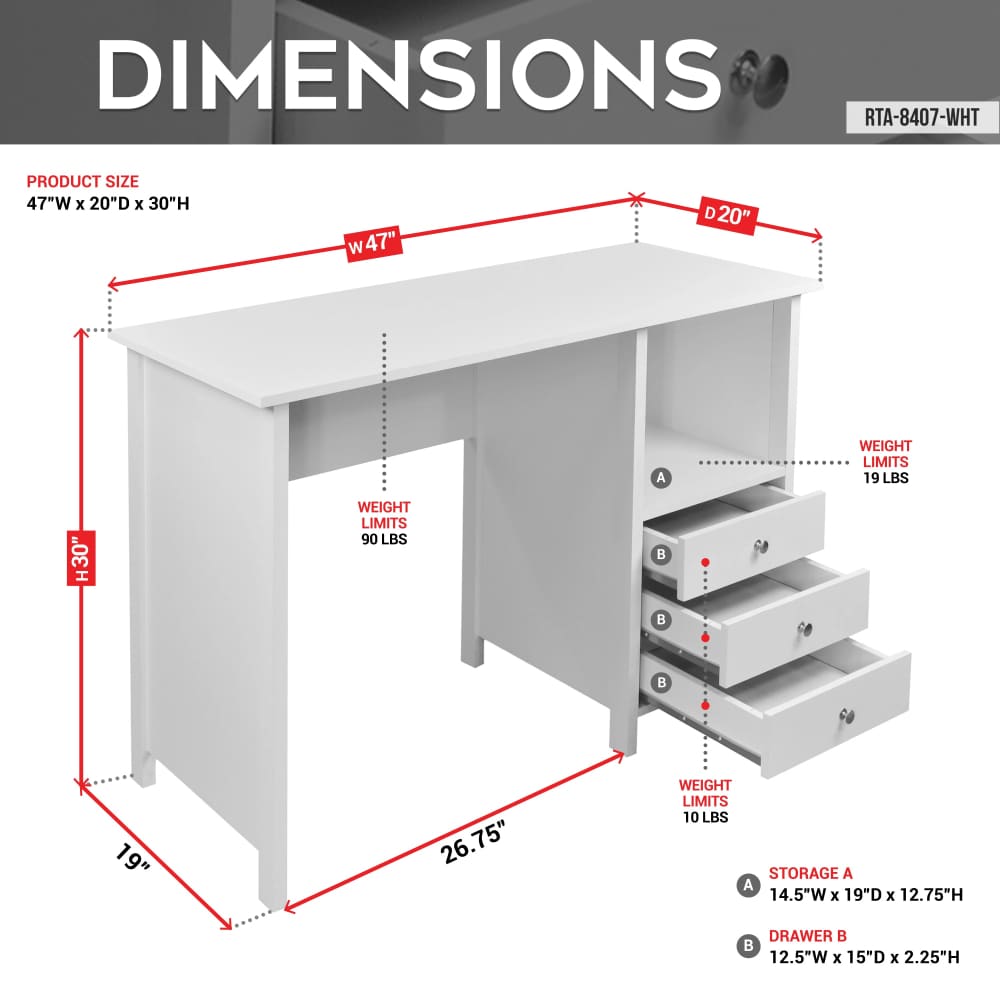 Dimensions of the white desk with drawers are shown. 
