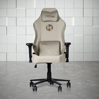 Beige gaming chair with black accents.