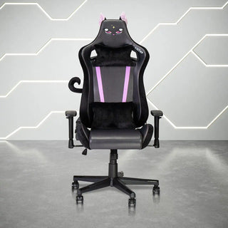 Front view of the technisport cat chair of your dreams in all black. It features clip on cat ears and clip on tail. It also a fluffy plush headrest and lumbar pillow. 