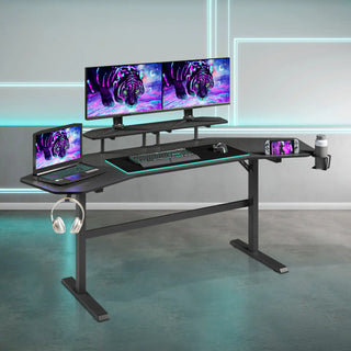 Black gaming desk with monitor stand.