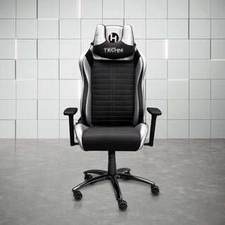 Black and silver gaming chair.