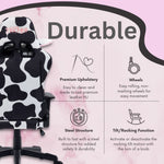 Back view of techni sport cow gaming chair. Shows durability of fabric, wheels, steel structure and rocking function 