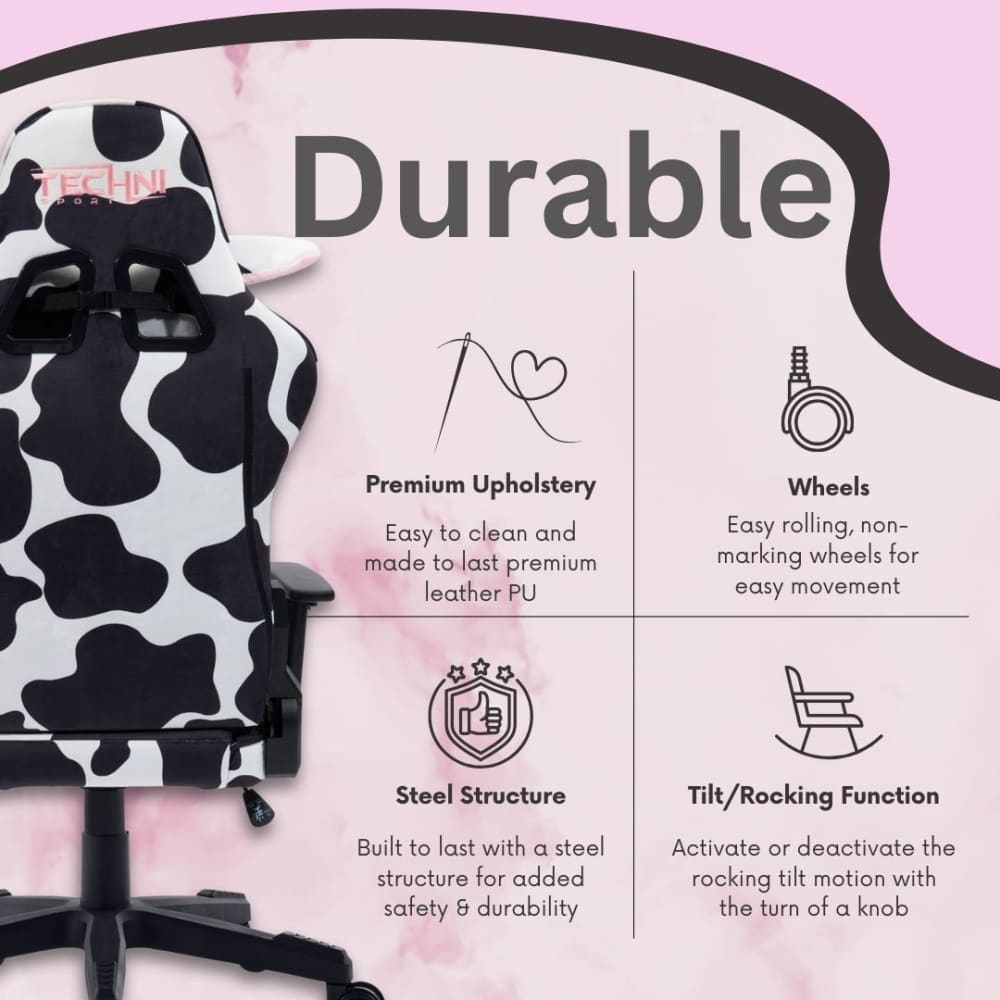 Back view of techni sport cow gaming chair. Shows durability of fabric, wheels, steel structure and rocking function 