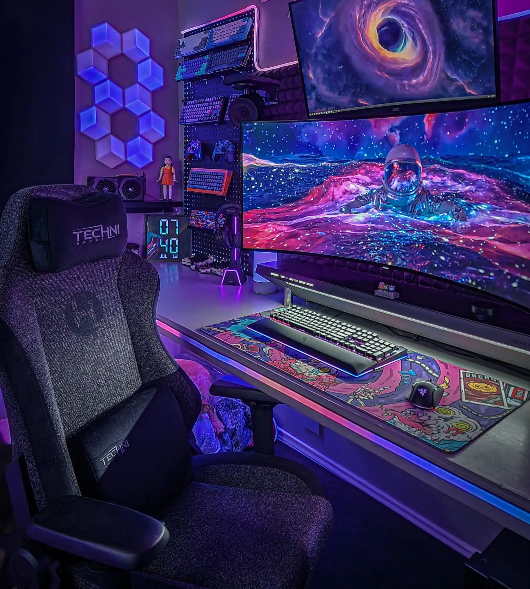 Ergonomic gaming chair with adjustable headrest and lumbar support.