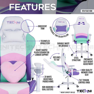 Feautures of the kawaii gaming chair include a beautiful iridescent trim, heart shaped plush lumbar support, 2D addustable padded arms and a steel structure for long lasting comfort. It has a weight capacity of 300 lbs. This pink and white gaming chair is taken to the next level with additional pastel colors including a light green and purple. 