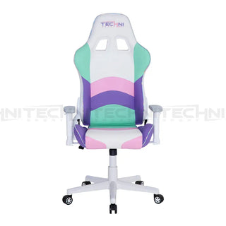 Front view of the kawaii gaming chair, is it a pink and white gaming chair? A white and purple gaming chair? It is both! Here it is shown without the reversible headrest pillow or the plush heart lumbar pillow.