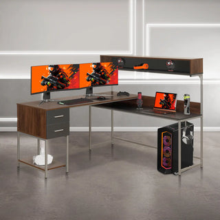 L-shaped gaming desk with hutch.