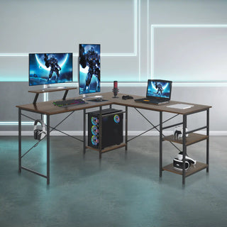 L-shaped gaming desk with shelves.