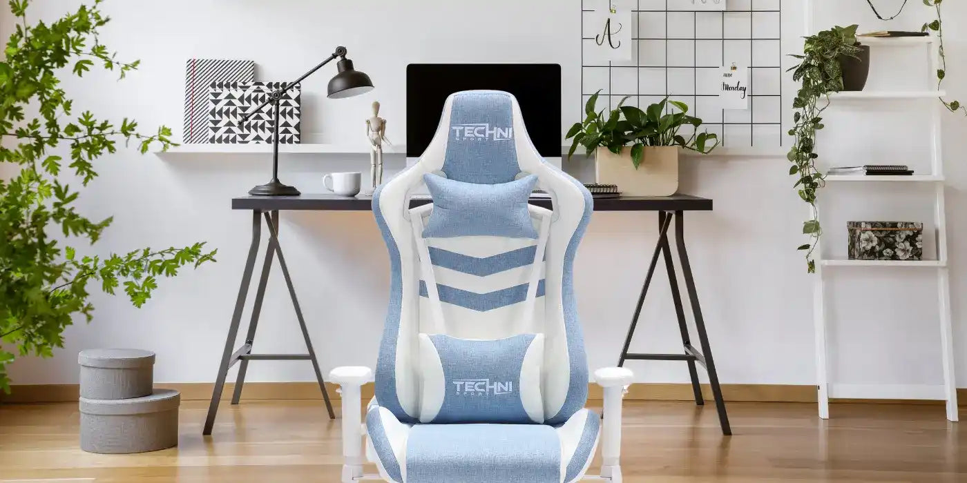 Light blue and white gaming chair with ergonomic support.