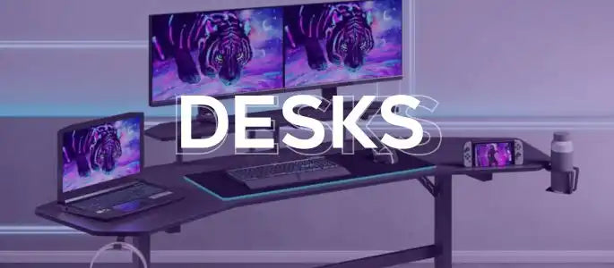 A multi-monitor gaming desk setup with a laptop, keyboard, mouse, and drink holder.