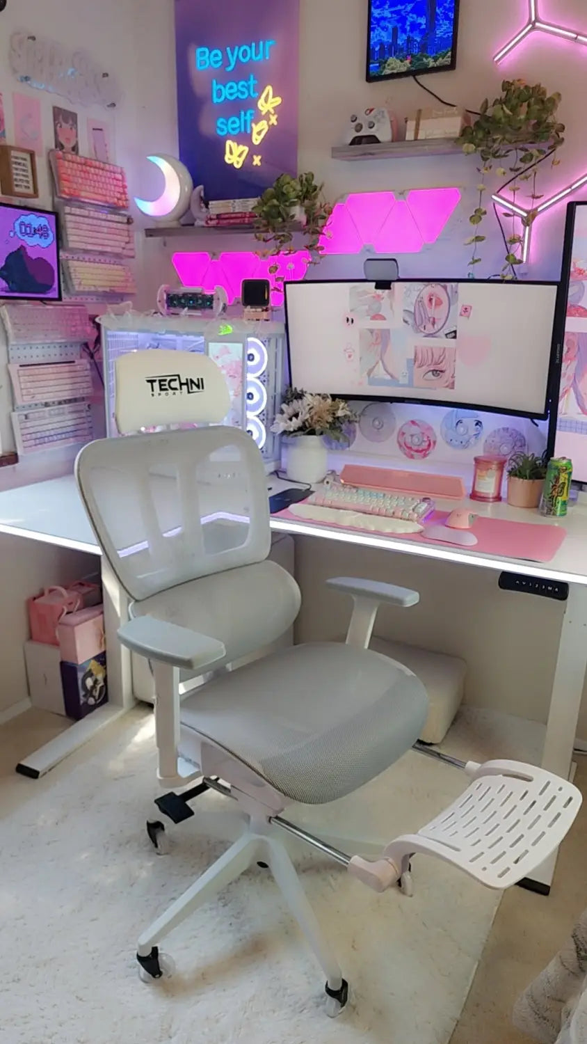 techni sport white mesh gaming chair with footrest in an aesthetic gaming setup