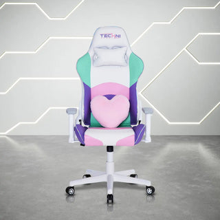 Front view of the kawaii gaming chair, is it a pink and white gaming chair? A white and purple gaming chair? It is both! It also includes a fluffy heart pillow as a lumbar pillows and a gorgeous iridescent trim. 