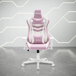 Front view of the pastel pink gaming chair by techni sport. This beautiful pink gaming chair features white hardware including arm rests, wheels and base along with a pink fabric. The headrest pillow and lumbar pillow are both adjustable and have a mathing 
