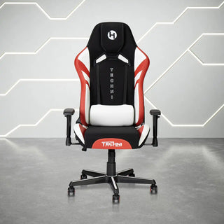 Red, white, and black gaming chair.