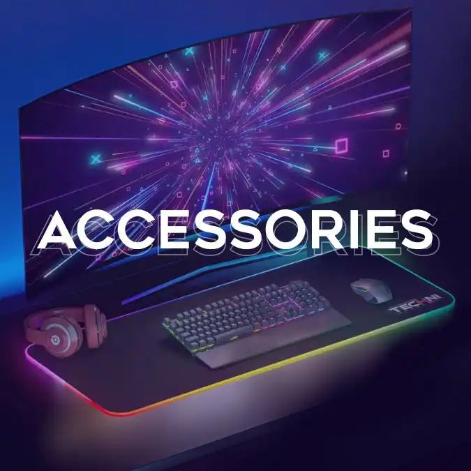 Gaming setup with a large curved monitor, RGB mousepad, keyboard, mouse, and headphones.