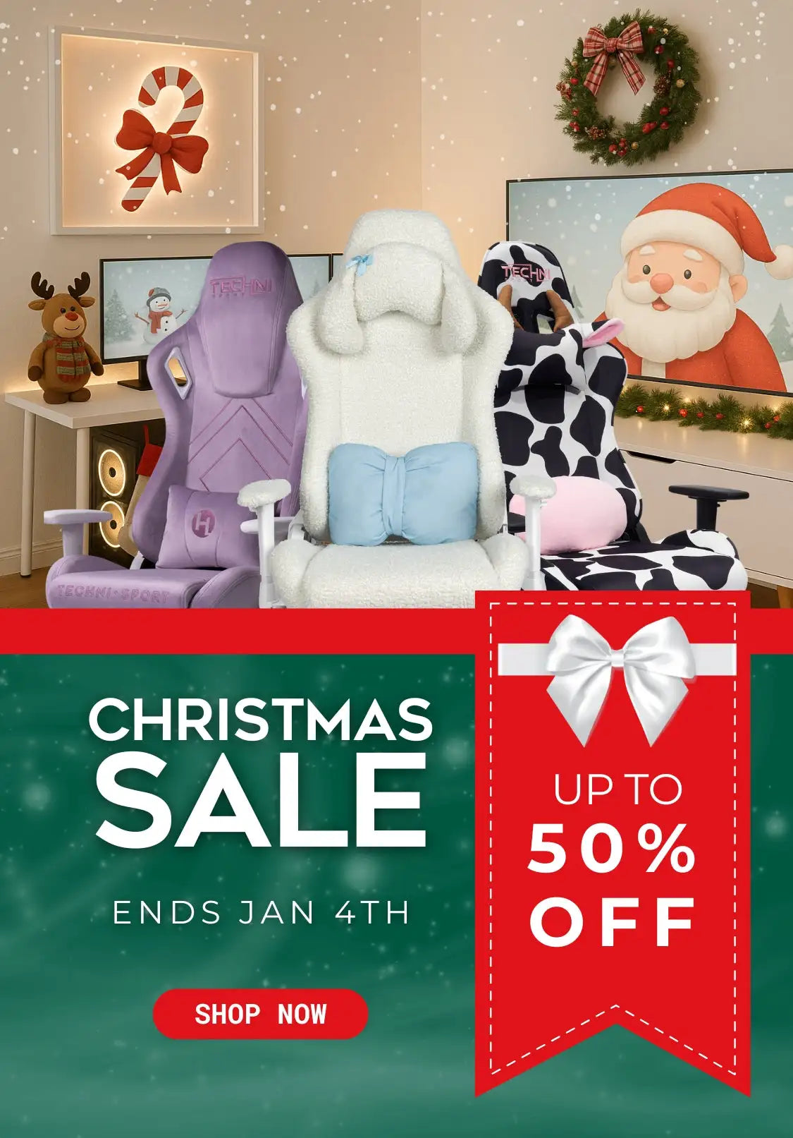 Three gaming chairs with distinct designs and colors — a purple one, a white one with light blue accents, and a black-and-white cow print one.