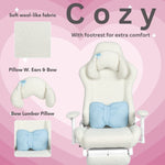 White gaming chair with a soft wool-like fabric, a Cinnamoroll-inspired headrest, a blue bow-shaped lumbar pillow, and a footrest.