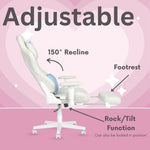 A white reclining gaming chair with a footrest and rock/tilt function.