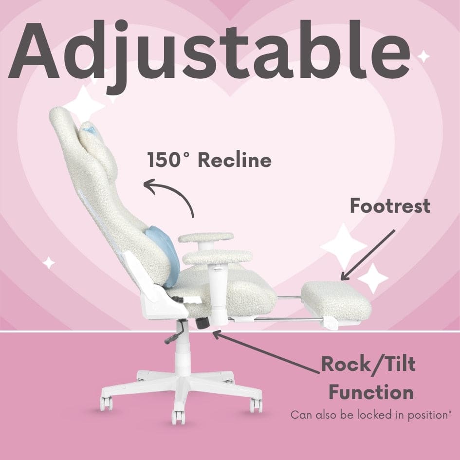 A white reclining gaming chair with a footrest and rock/tilt function.