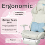 A white ergonomic gaming chair with a blue bow pillow, memory foam seat, padded armrests, and a retractable footrest.