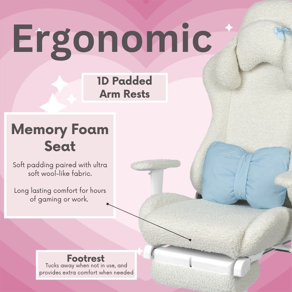 A white ergonomic gaming chair with a blue bow pillow, memory foam seat, padded armrests, and a retractable footrest.
