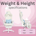 White gaming chair with light blue accents, suitable for users between 5’1’’ and 6’5’’ and up to 300 lbs.