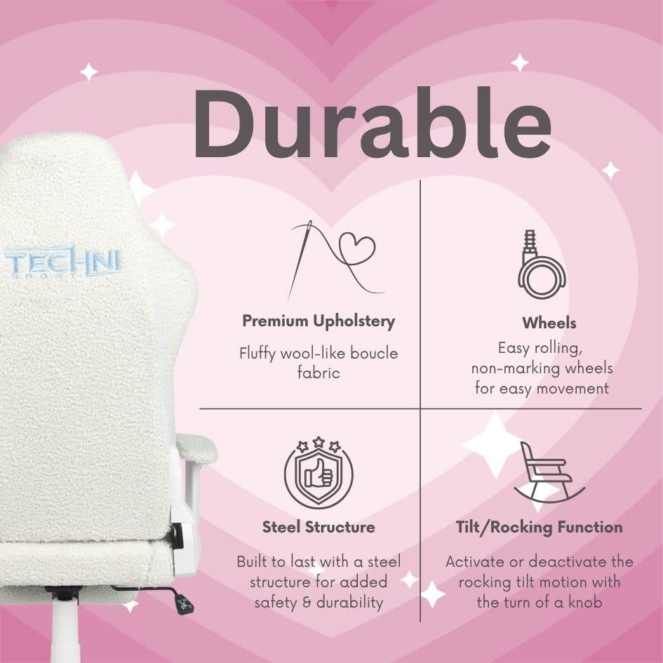 White furry gaming chair with features like premium upholstery, durable steel structure, easy-rolling wheels, and a tilt/rocking function.
