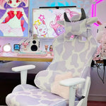 cute gaming chair in purple and white shown in a cute gaming setup 