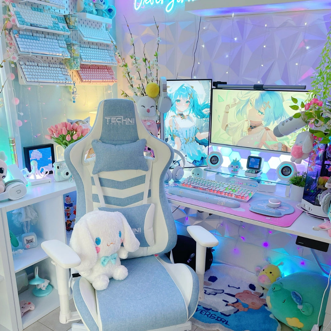light blue gaming setup featuring a blue gaming chair and twikle lights. 