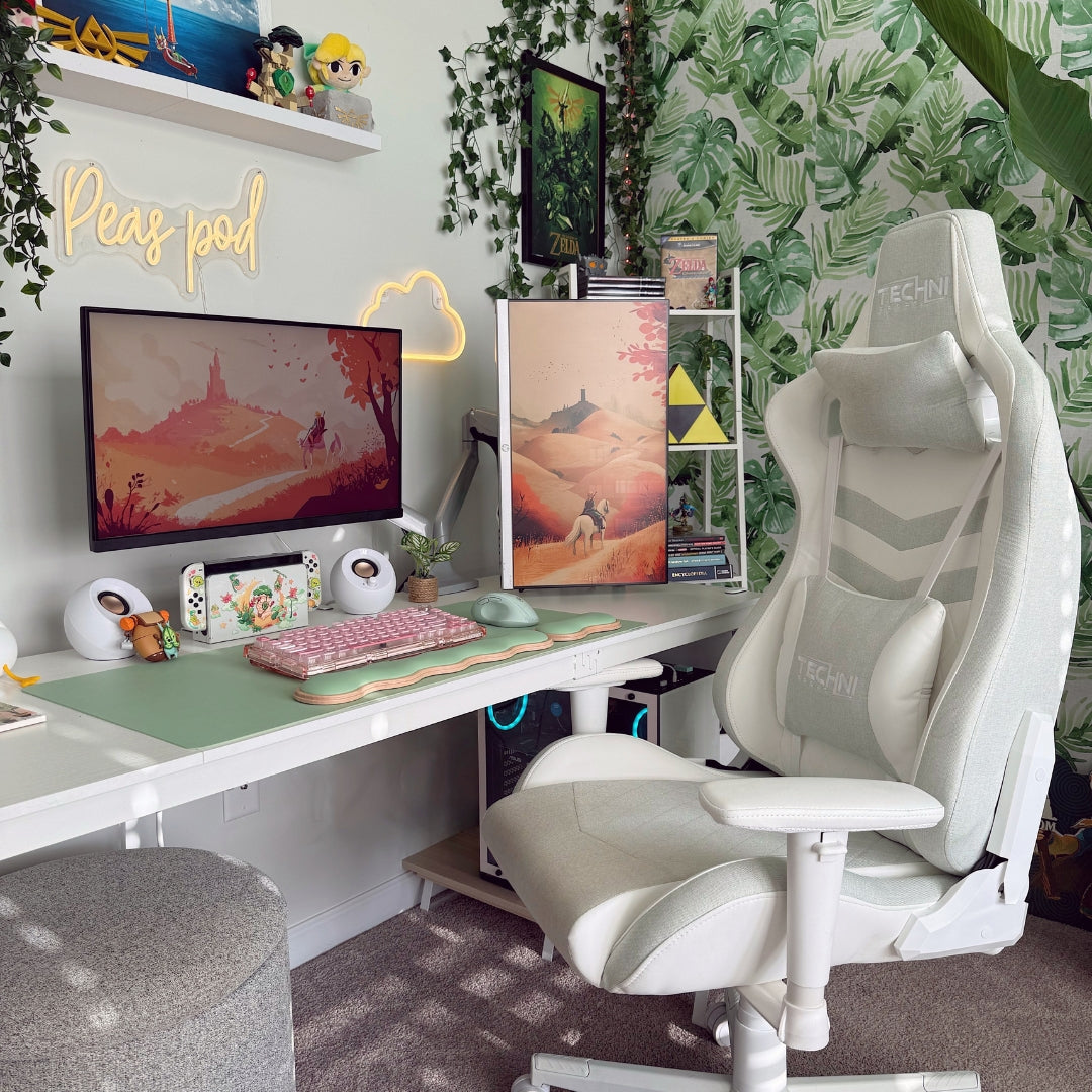 Modern home office with a mint gaming chair, desk, and cozy gaming setup 