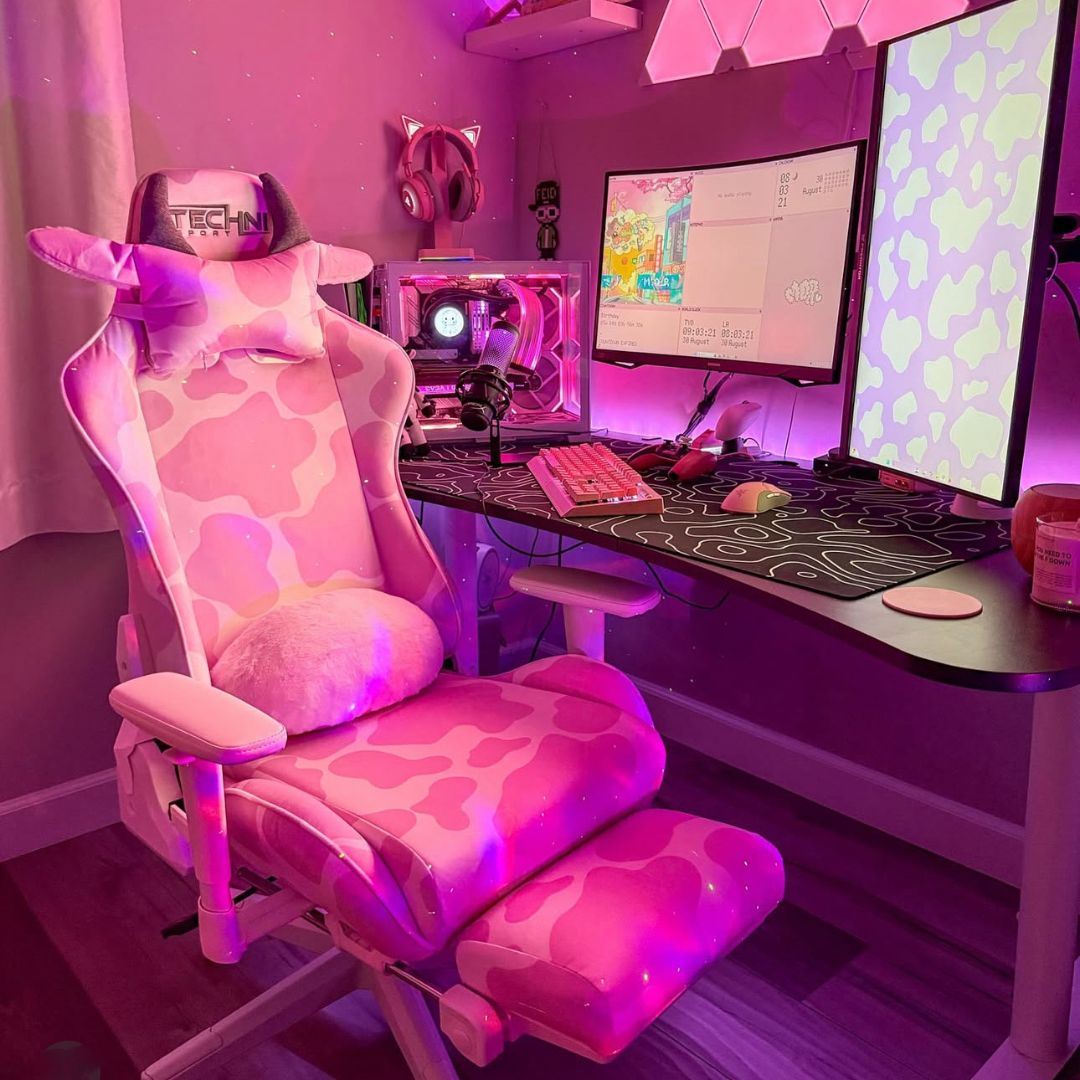 Cute gaming setup featuring the pink cow gaming chair