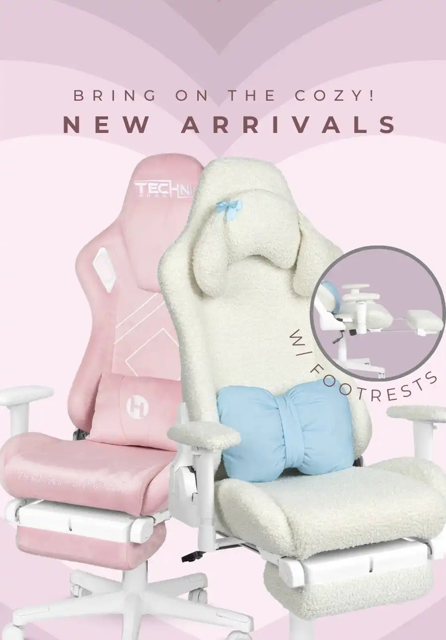 Two gaming chairs, one pink and one white, both with footrests and lumbar support.