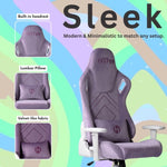 The velvet purple gaming chair is sleek and modern to match all purple gaming setups. It features a built-in headrest, cozy lumbar pillow and ultra solft velvet fabric