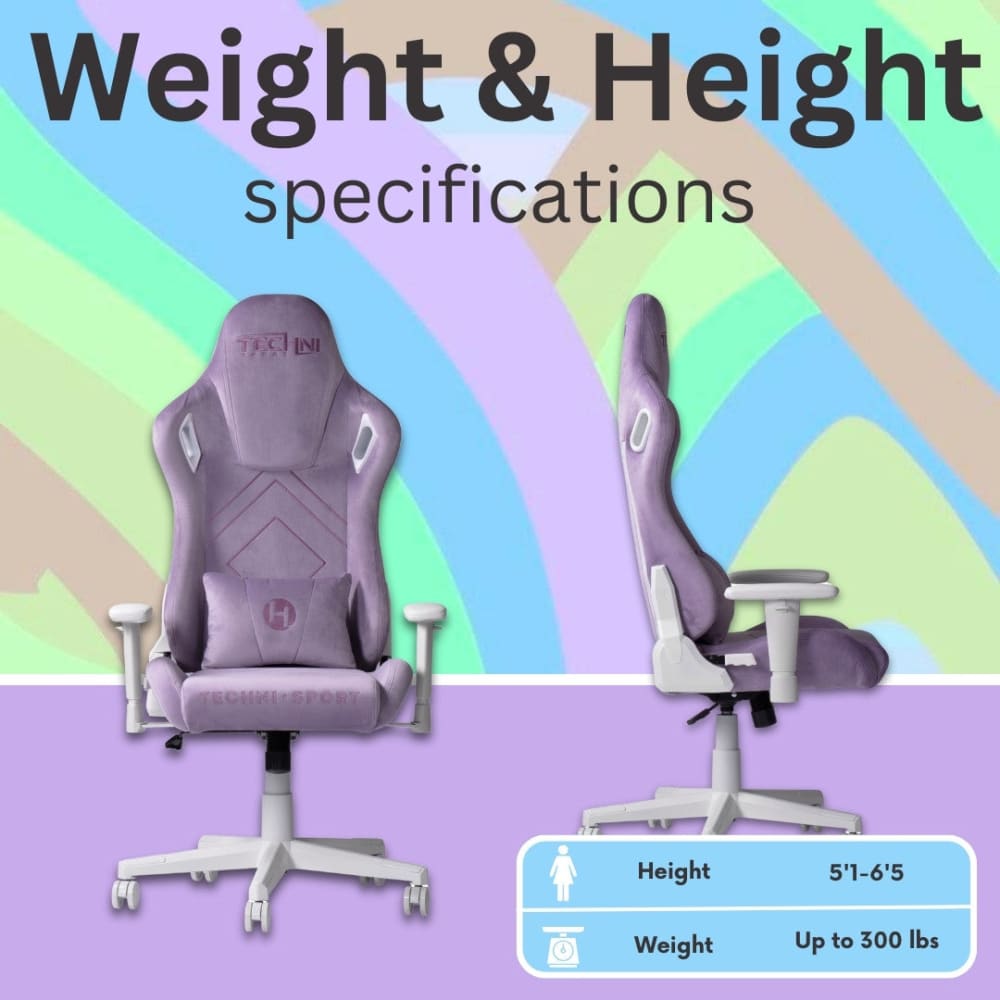 The velvet purple gaming chair allows up to 300lbs of weight and works for anyone between 5'1-6'5.
