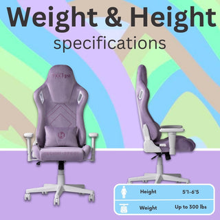 The velvet purple gaming chair allows up to 300lbs of weight and works for anyone between 5'1-6'5.