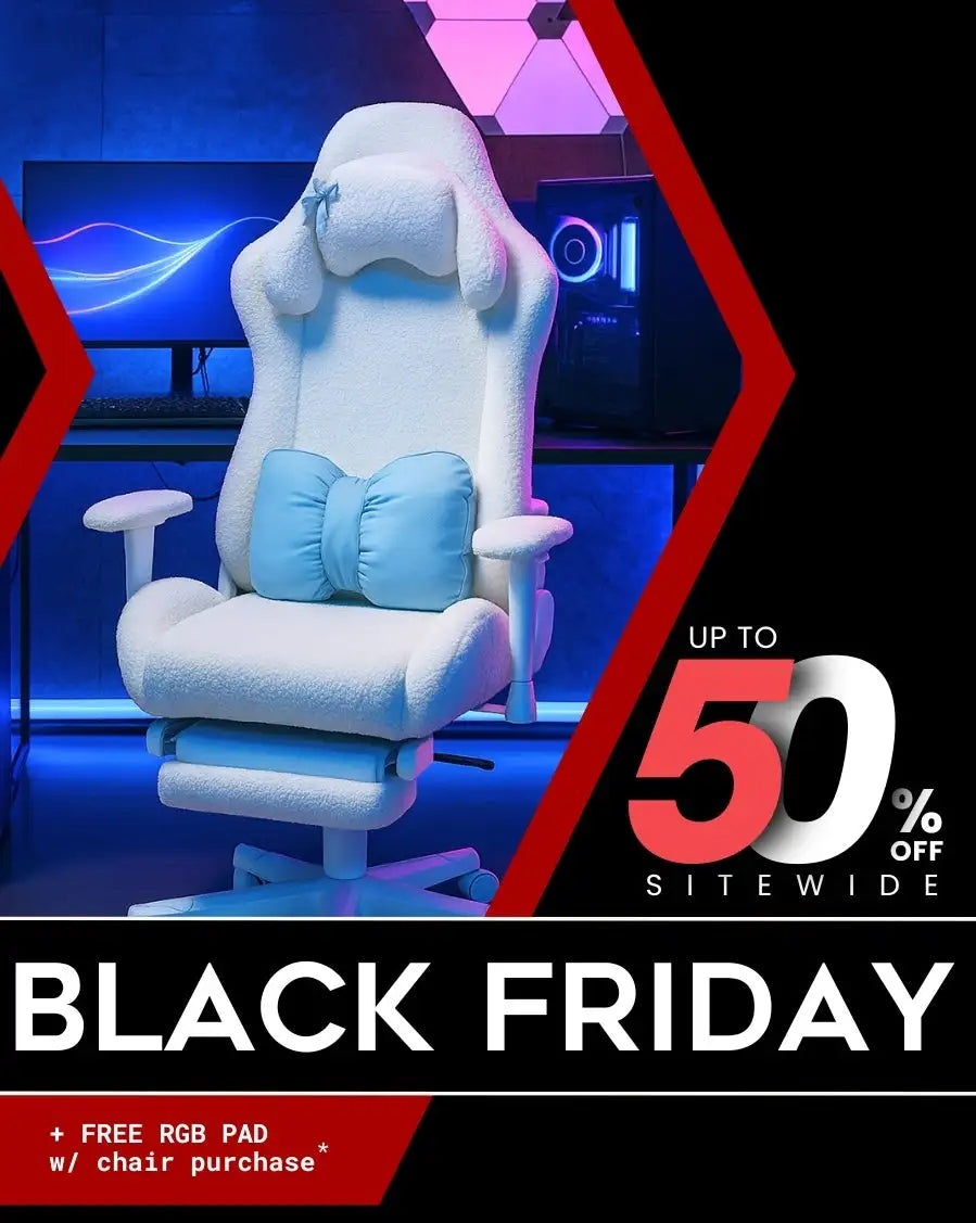 White and blue gaming chair with ergonomic design, plush cushions, and a modern aesthetic.