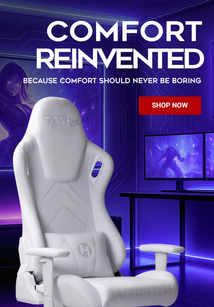 White gaming chair with ergonomic design and mesh backrest, featuring a red ’shop now’ button.