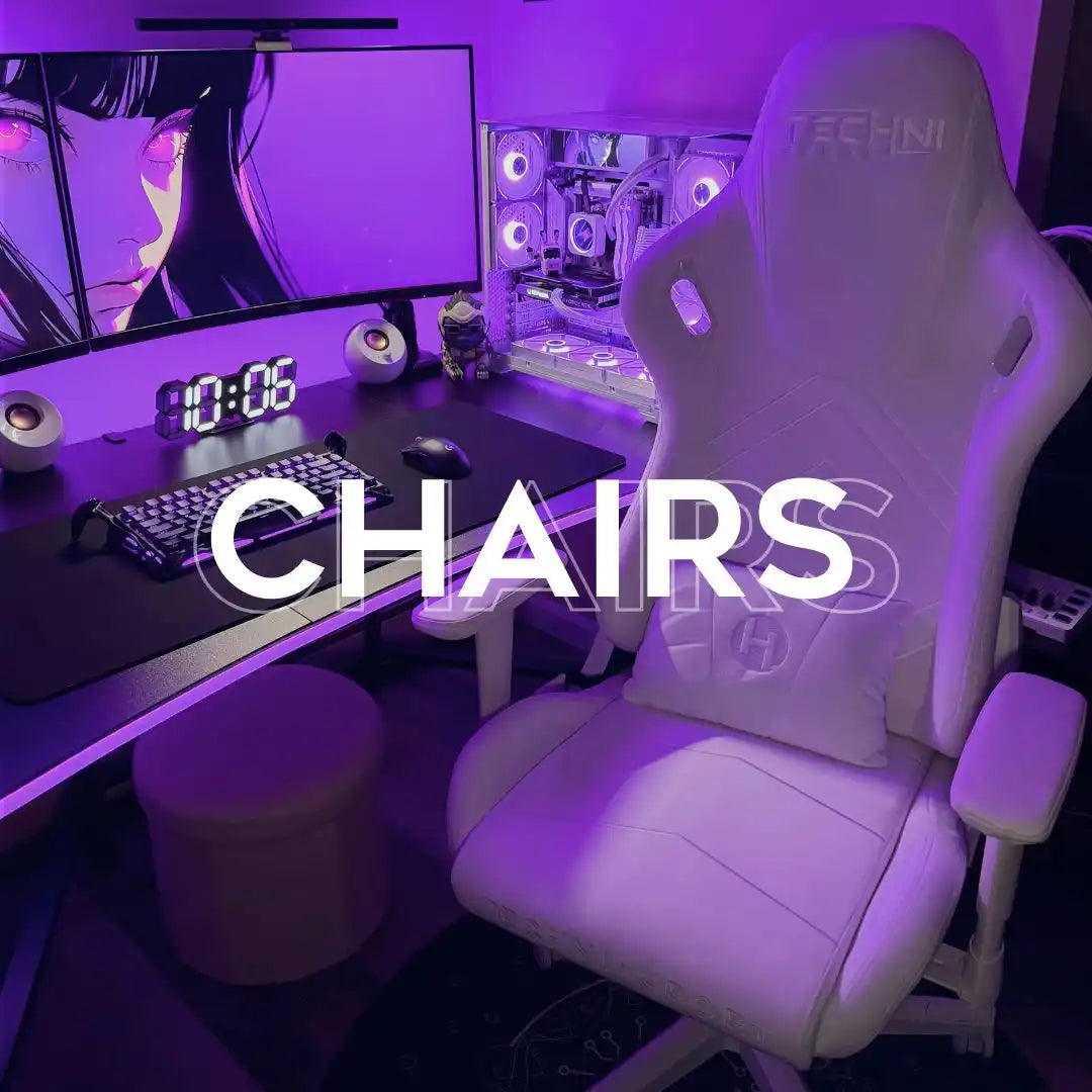 White gaming chair with a headrest pillow.