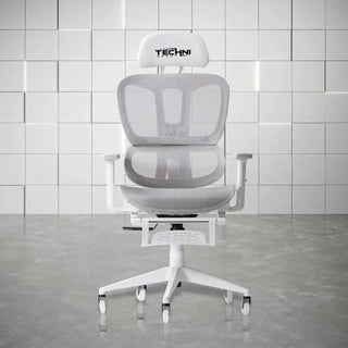 Front view of white gaming chair with footrest, the Airflex 2.0. This is a gaming chair that combines light grey mesh with all white hardware for an all-white look. It features.a footrest that fully tucks under as shown. It also has all white gaming chair rollerblade wheels for easy and comfortable rolling even on carpets. 