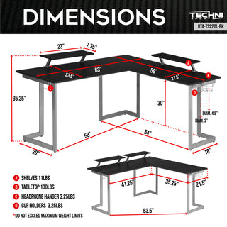 Dimensions of TechniSport Gaming Desk Warrior in Dark grey